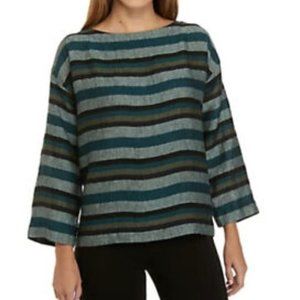 Eileen Fisher Cross-Dyed Organic‎ Linen Top Striped Teal Multi Box Tee Blouse